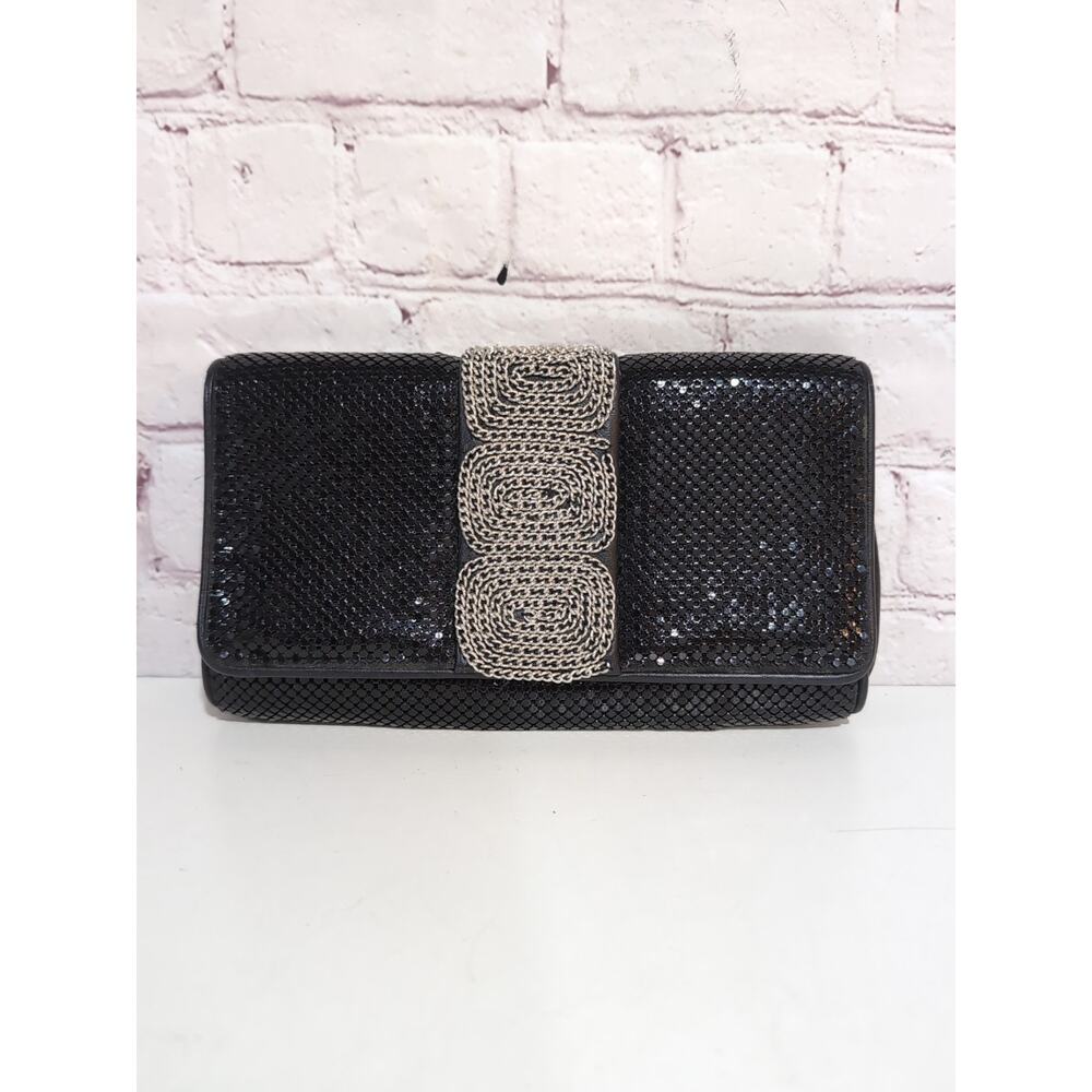 Whiting & Davis Black Silver Mesh Shoulder Bag Purse Clutch Leather Sides